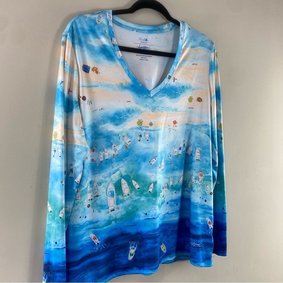 Art & Sol Amber Moran Blue Coastal Beach Boats Scene Top Blouse Sz Large - Picture 3 of 9